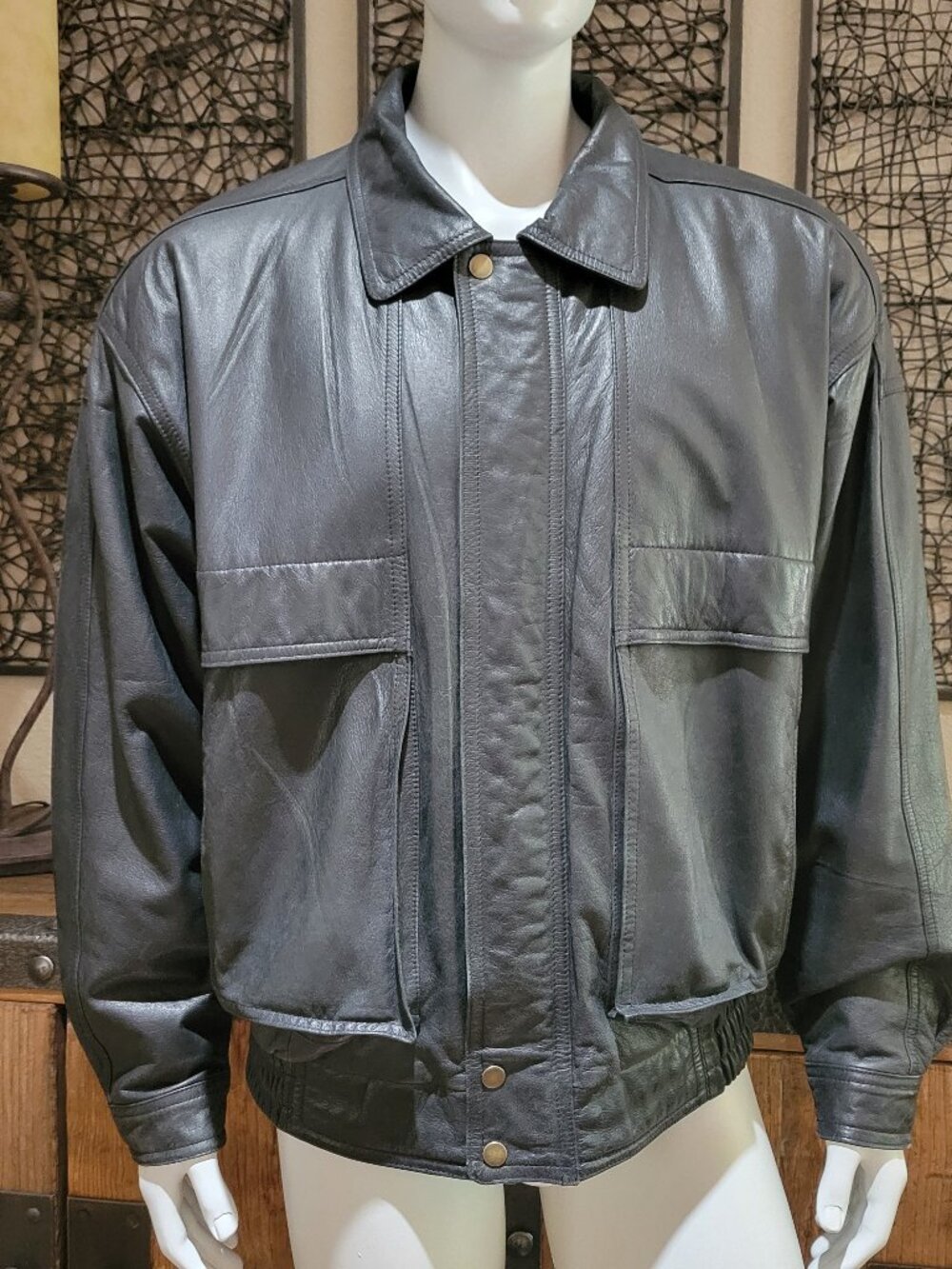 Midway Bomber Jacket Mens Size XL Soft Black Leather Collar Full Zip Snaps Lined